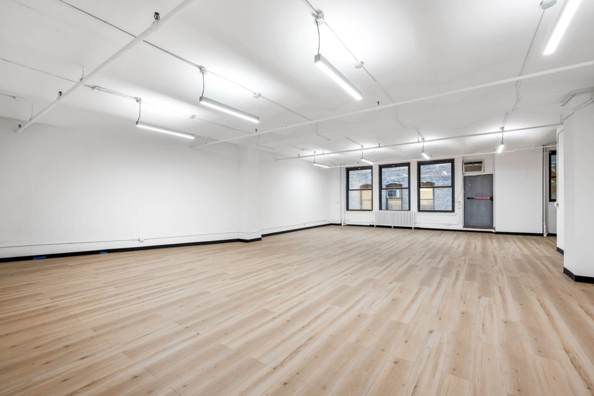 Renovated open floor with pale wood flooring